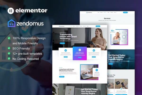 Zendomus - Kit de modelo Elementor Pro para serviços de casa inteligente e tecnologia