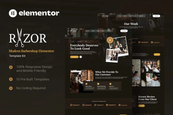 Razor - Kit de Templates Elementor para barbearia moderna