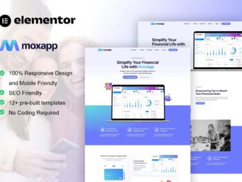 MoxApp - Kit de modelos Elementor Pro para aplicativos móveis e startups Fintech