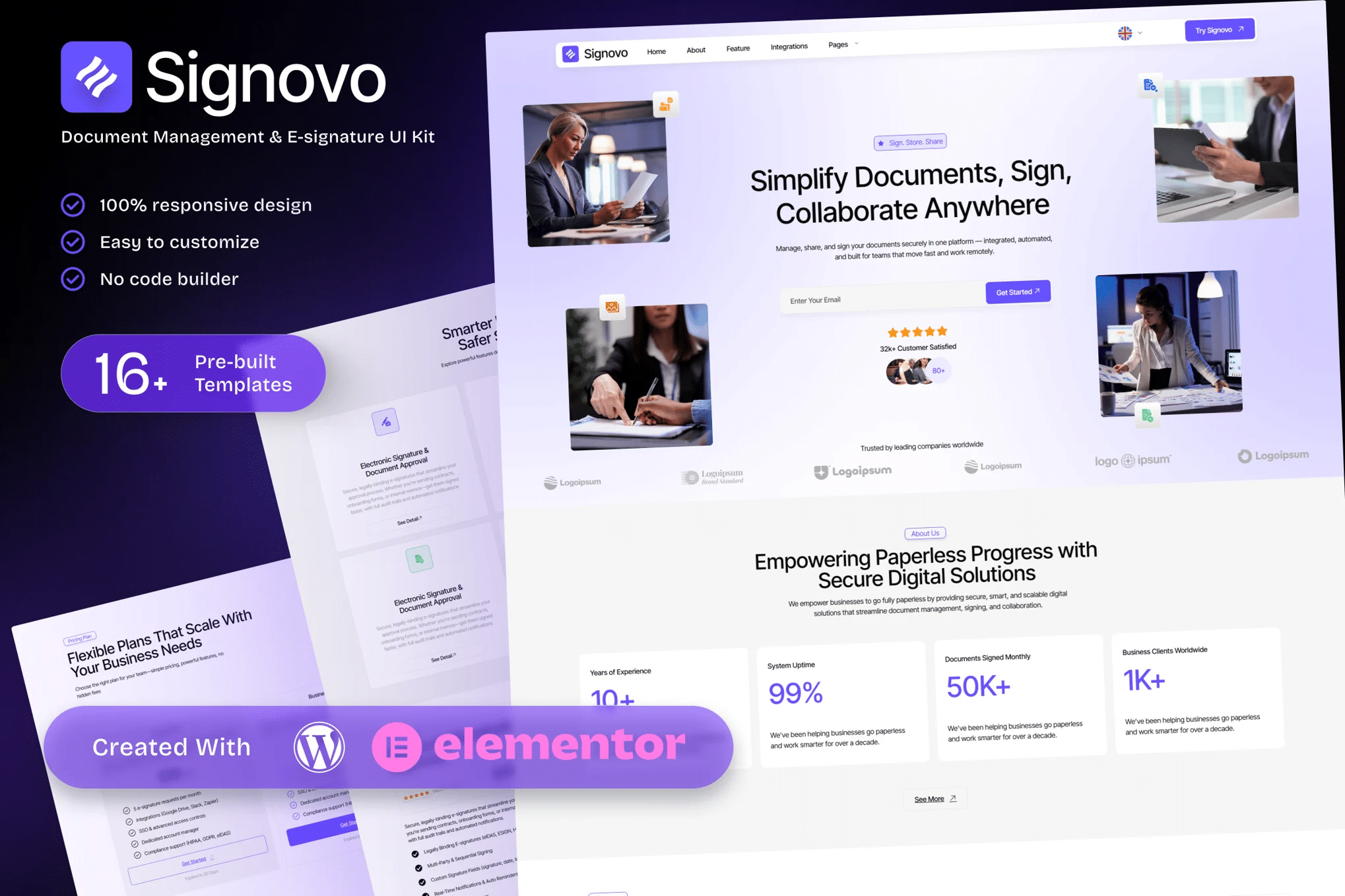 Signovo — Kit de modelos SaaS Elementor para assinatura eletrônica e gerenciamento de documentos
