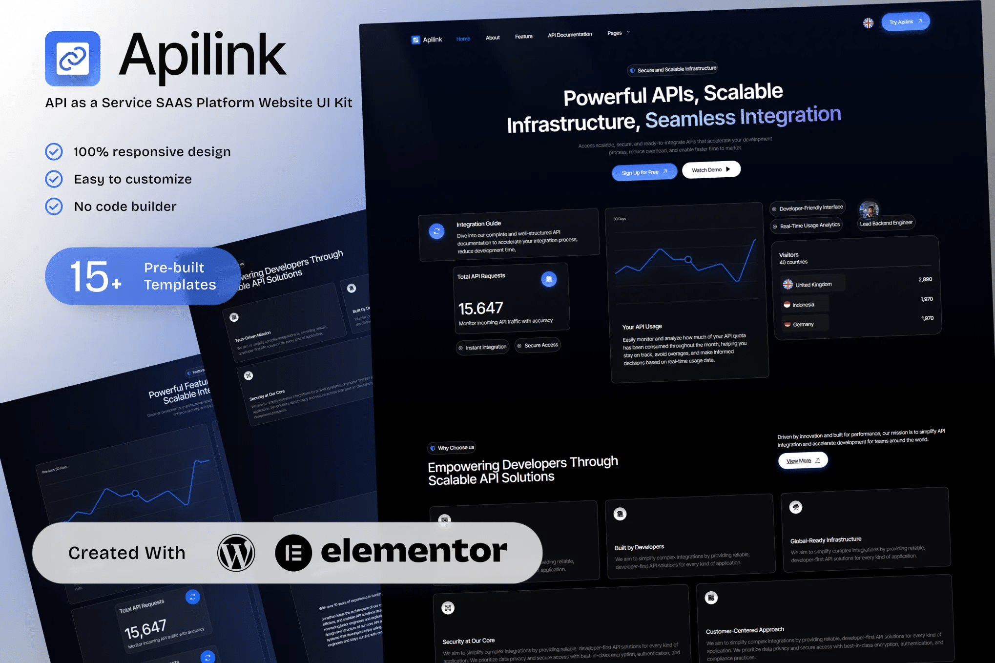 Apilink — Kit de modelos de API como serviço (SAAS Platform Elementor) para soluções de desenvolvedores