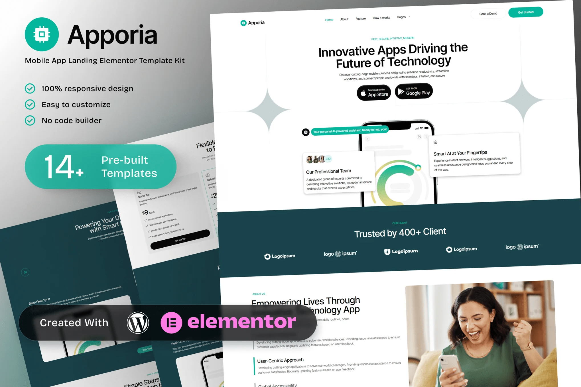 Apporia - Kit de modelos Landing Elementor para aplicativos móveis