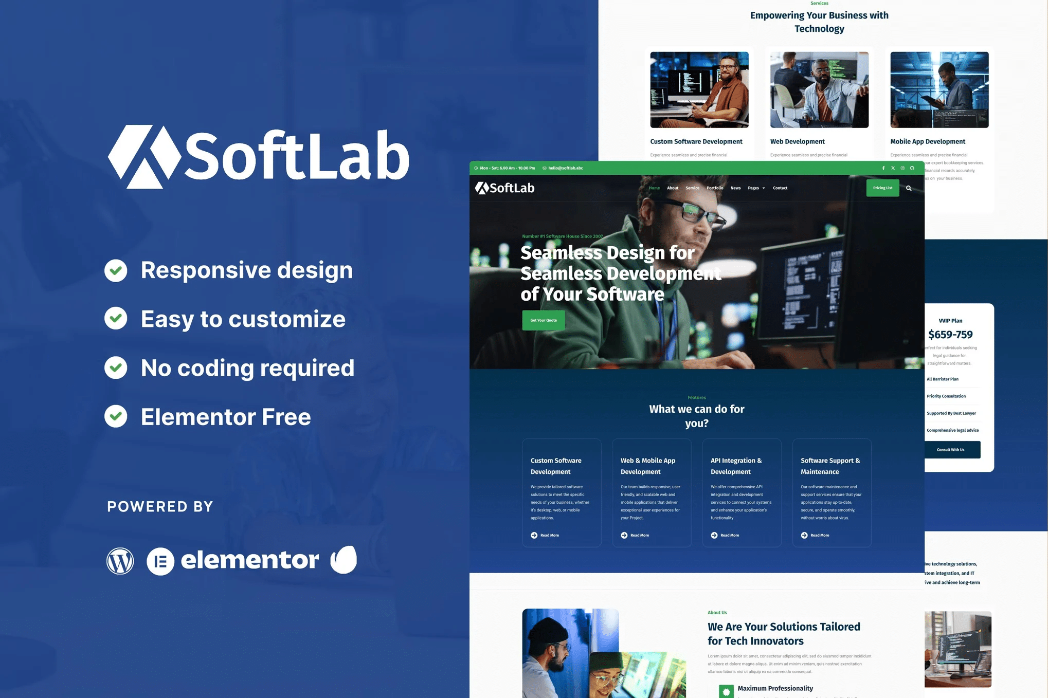 SoftLab - Kit de modelos SaaS Elementor Pro de tecnologia e software