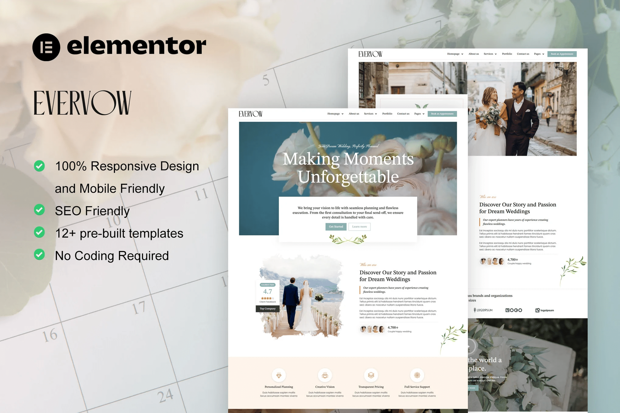 EverVow - Kit de modelos Elementor Pro para planejadores de casamentos e eventos