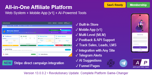 AffiliatePro SaaS – Sistema de afiliados e fornecedores + aplicativo móvel, IA, Telegram