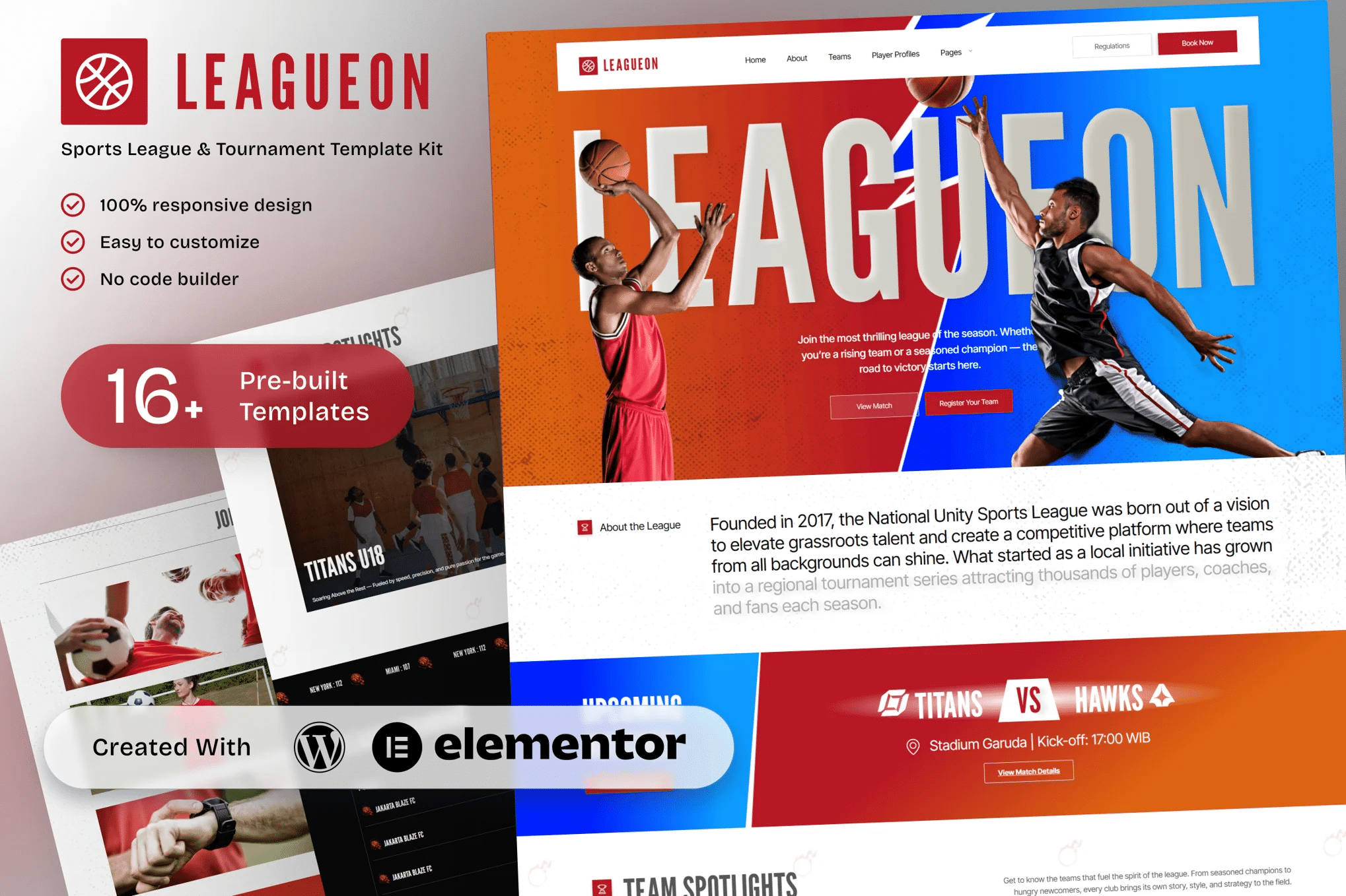 Leagueon — Kit de modelos para ligas esportivas e torneios Elementor