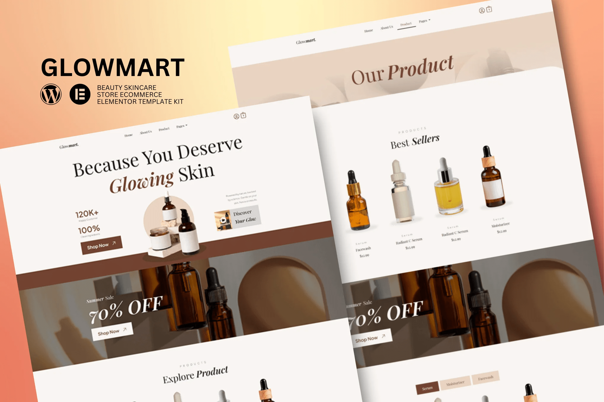 Glowmart - Kit de modelos Elementor de comércio eletrônico de beleza, cosméticos e cuidados com a pele