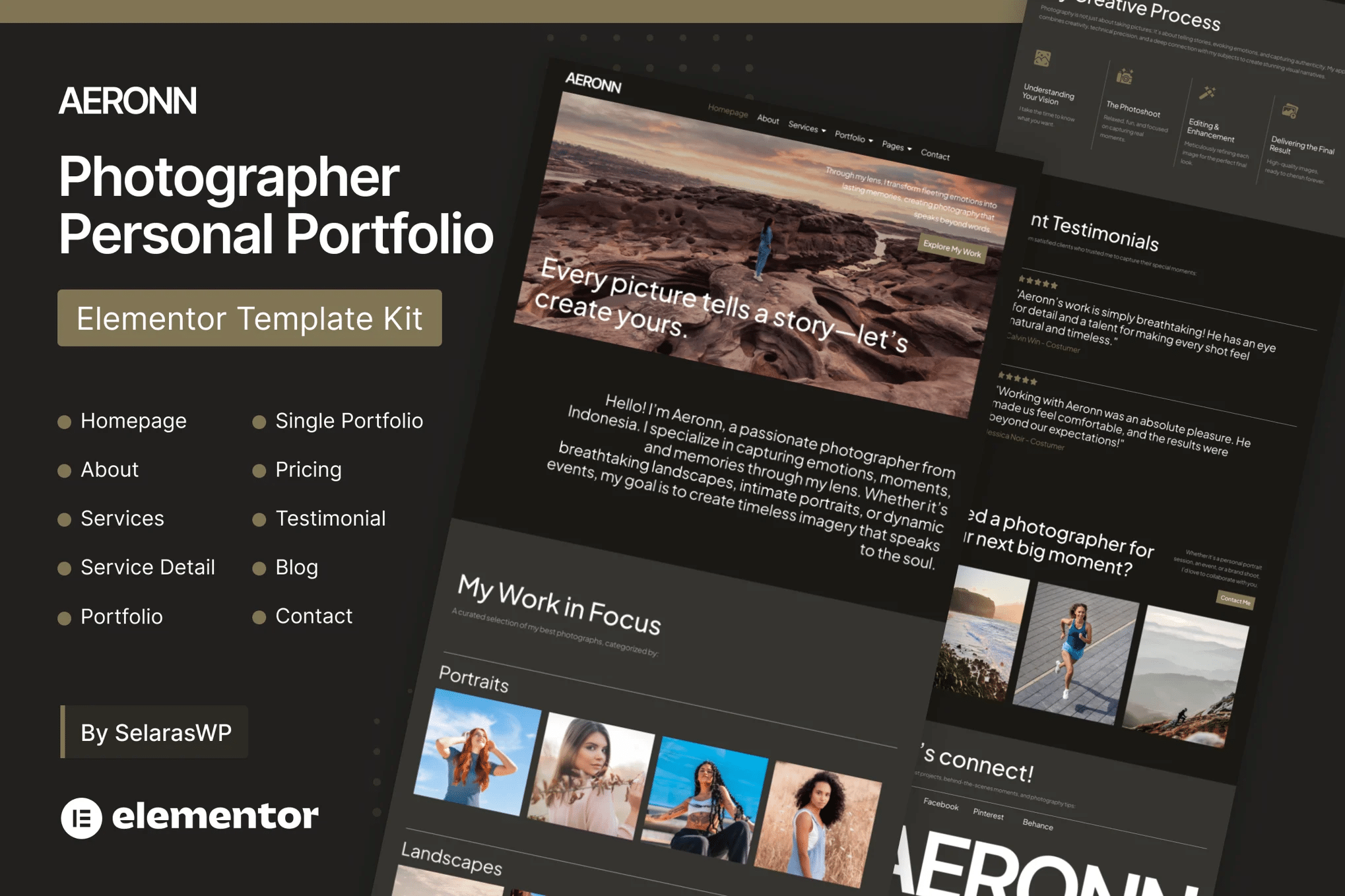 Aeronn – Kit de modelos Elementor Pro para fotógrafo de currículo pessoal