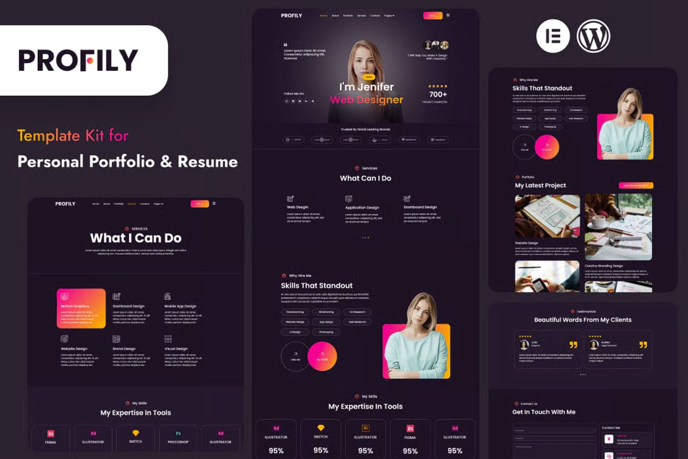 Profily - Portfólios pessoais e kit de modelos de currículo Elementor