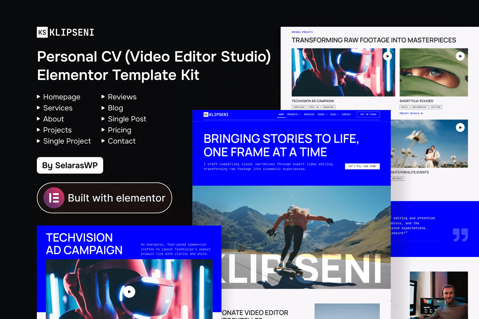 KlipseNi – Kit de Templates Elementor para Editor de Vídeo CV Pessoal