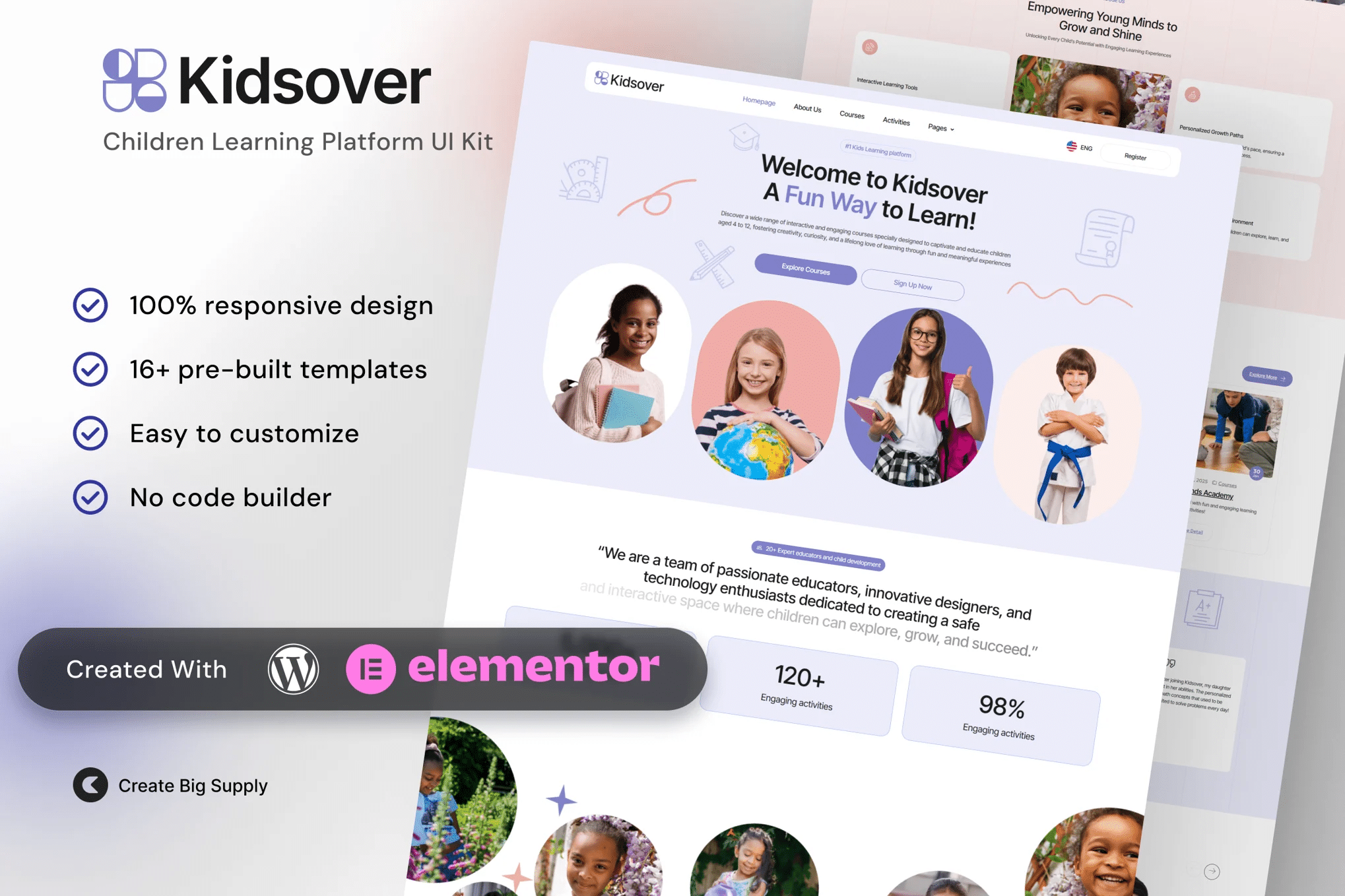 Kidsover - Kit de modelos Elementor da plataforma de aprendizagem infantil Kidsover para educação on-line e aprendizagem precoce