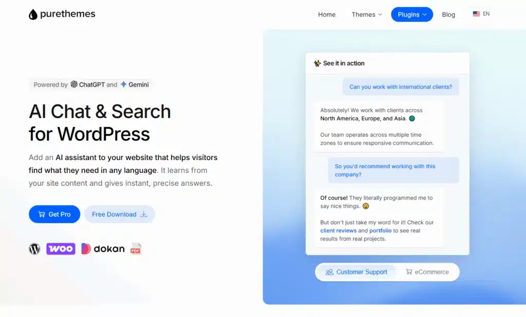 Bate-papo e busca com IA para WooCommerce PRO