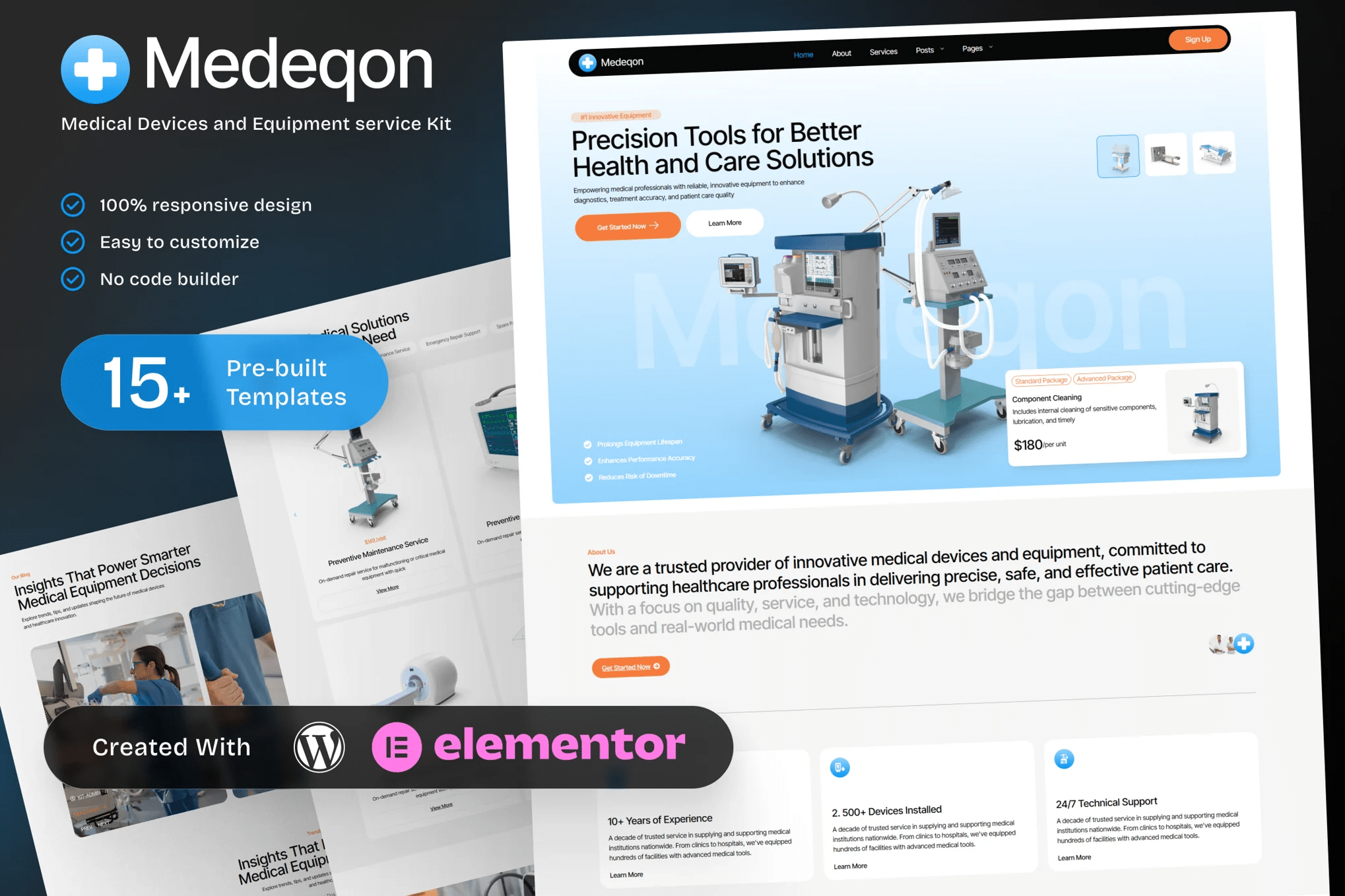 Medeqon — Kit de modelos Elementor para serviços de dispositivos e equipamentos médicos