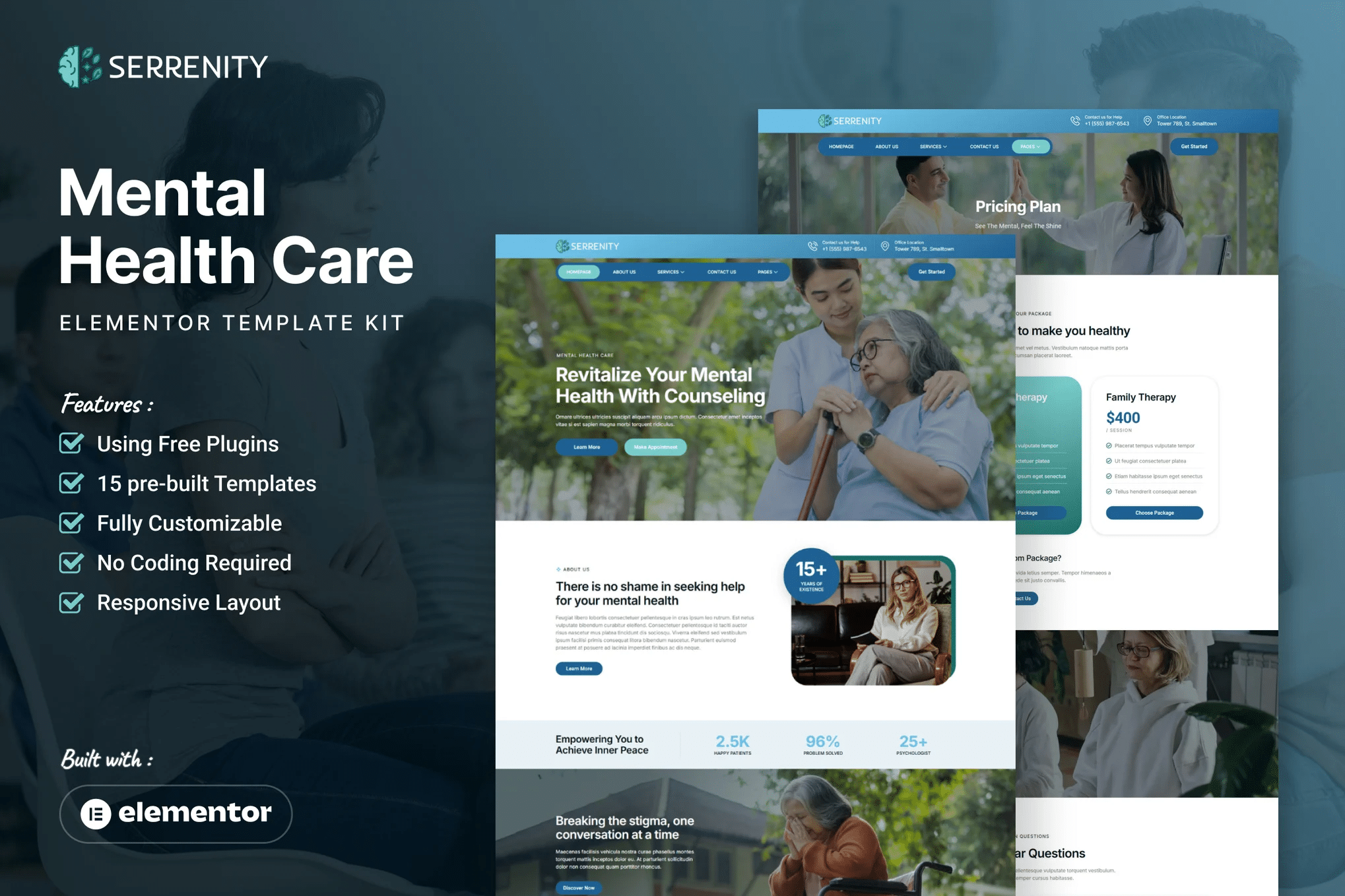 Serrenity - Kit de modelos Elementor para cuidados de saúde mental