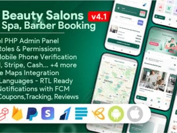 Aplicativo para múltiplos fornecedores, incluindo salões de beleza, spas, massagens, barbearias e agendamento, com painel administrativo.