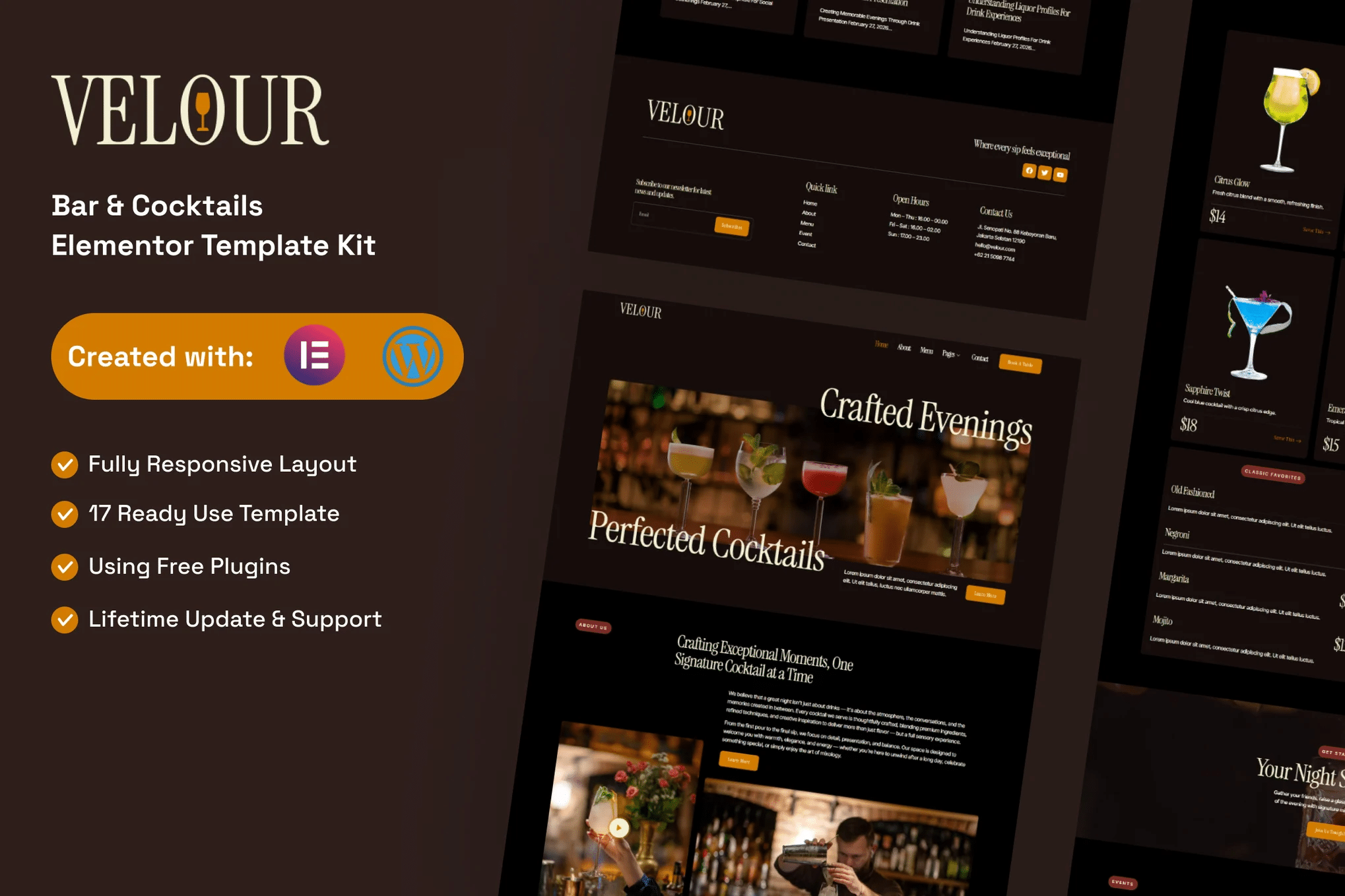 Velour - Kit de Templates Elementor para bares e coquetéis