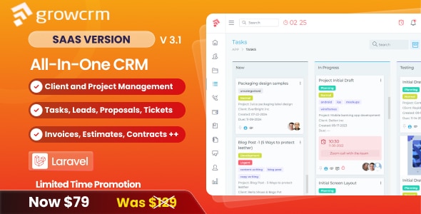 Grow CRM SaaS - Gerenciamento de Projetos Laravel - Multilocação + Tradução pt_br