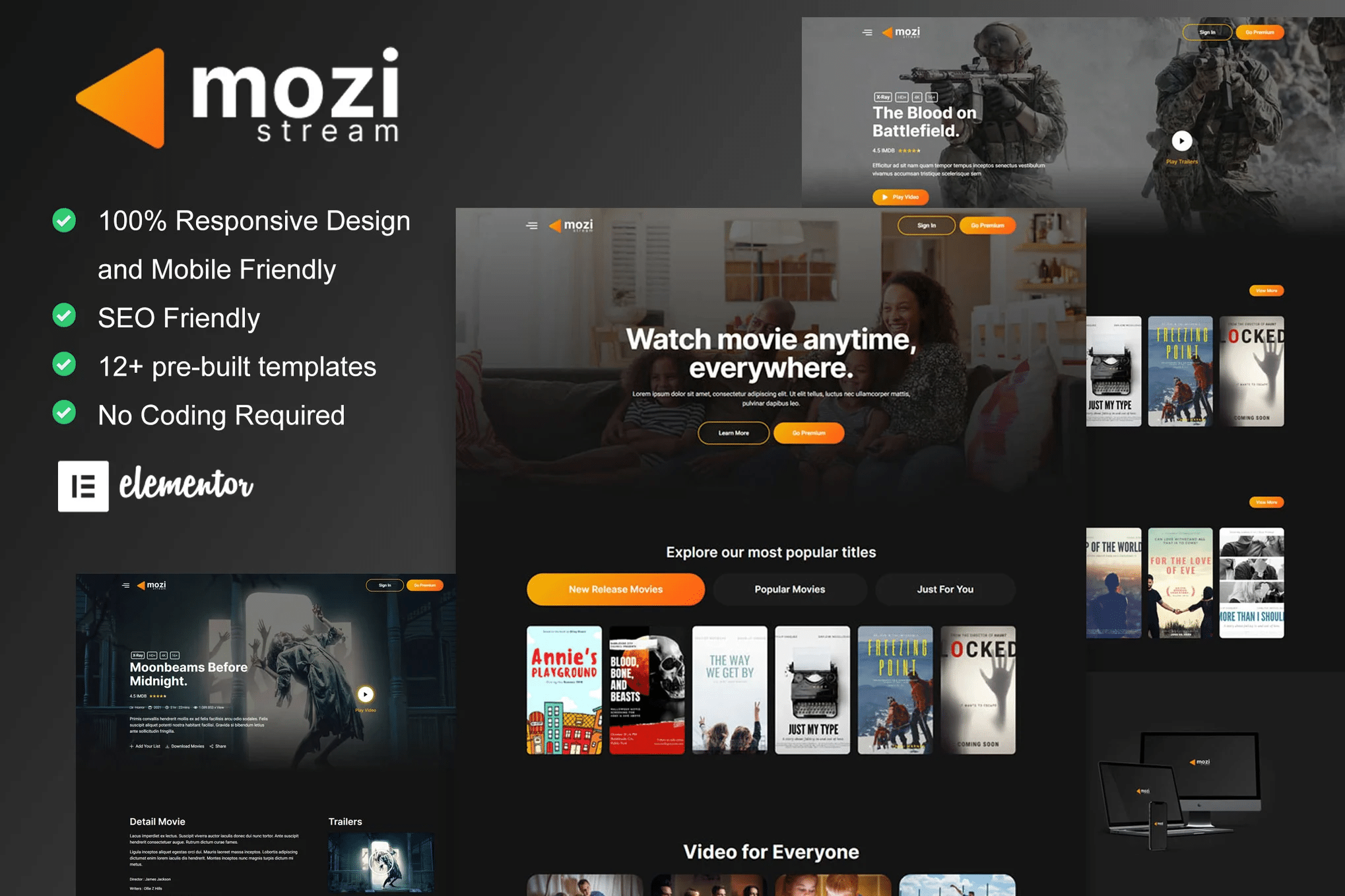 Mozi - Kit de Templates Elementor do Serviço de Streaming de Filmes