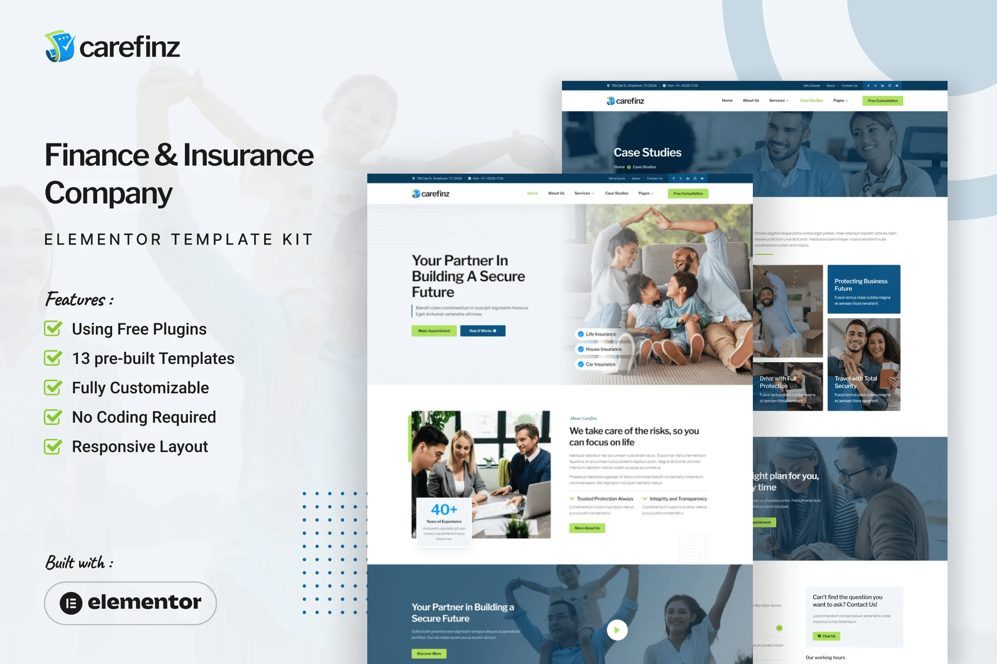 Carefinz - Kit de Templates Elementor para empresas financeiras e de seguros
