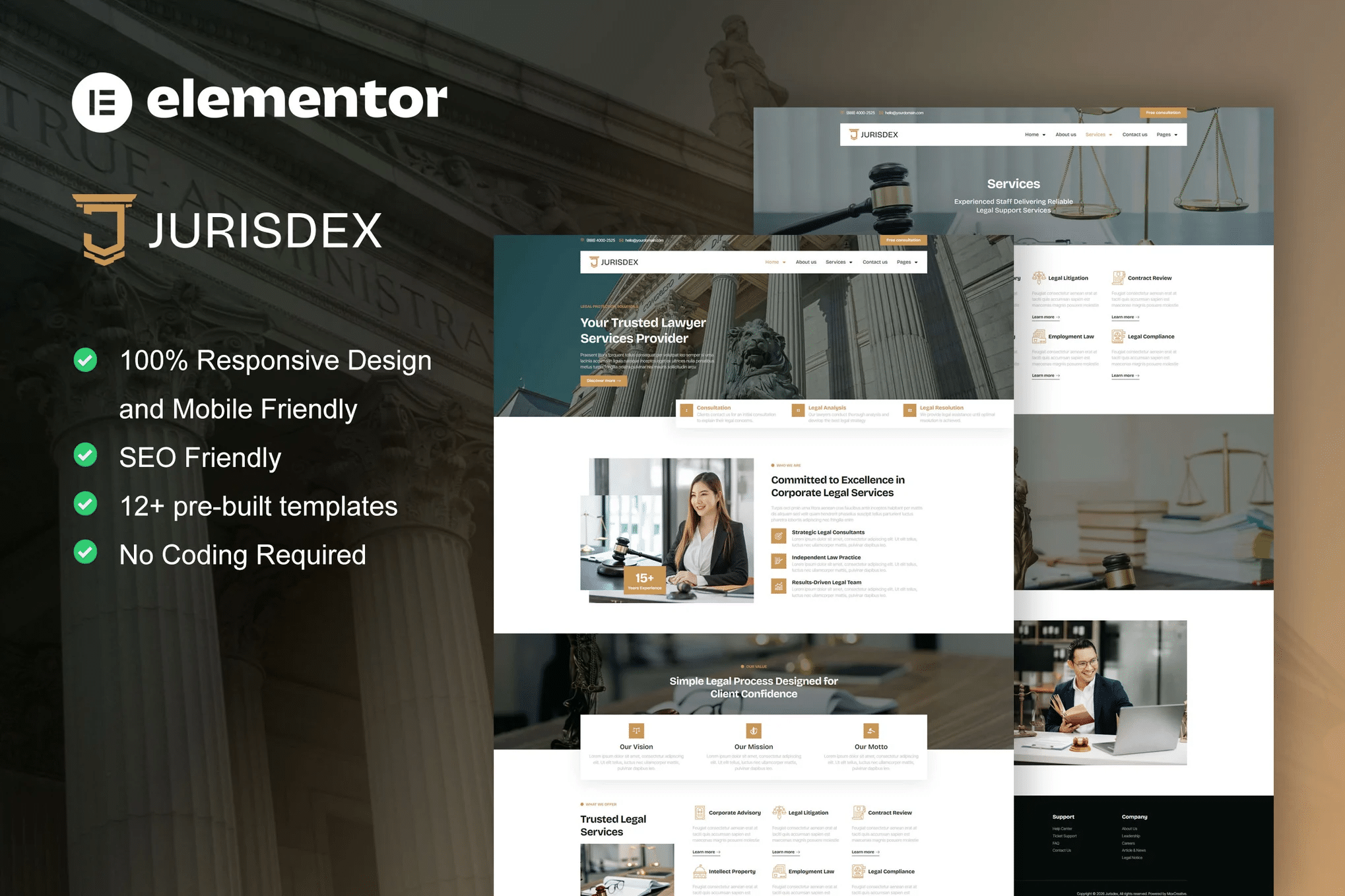 Jurisdex - Kit de modelos Elementor Pro para advogados e escritórios de advocacia