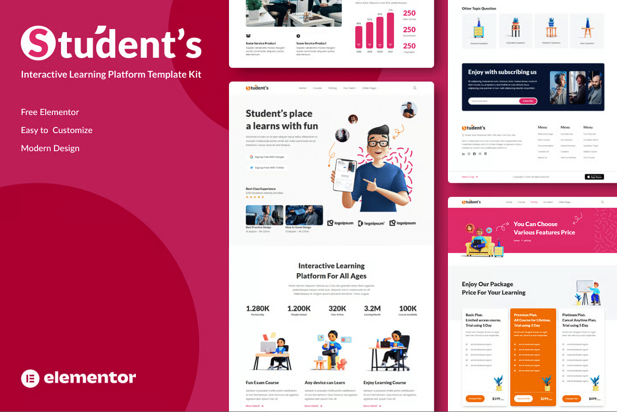 Estudantes - Kit de modelos Elementor para cursos eletrônicos on-line