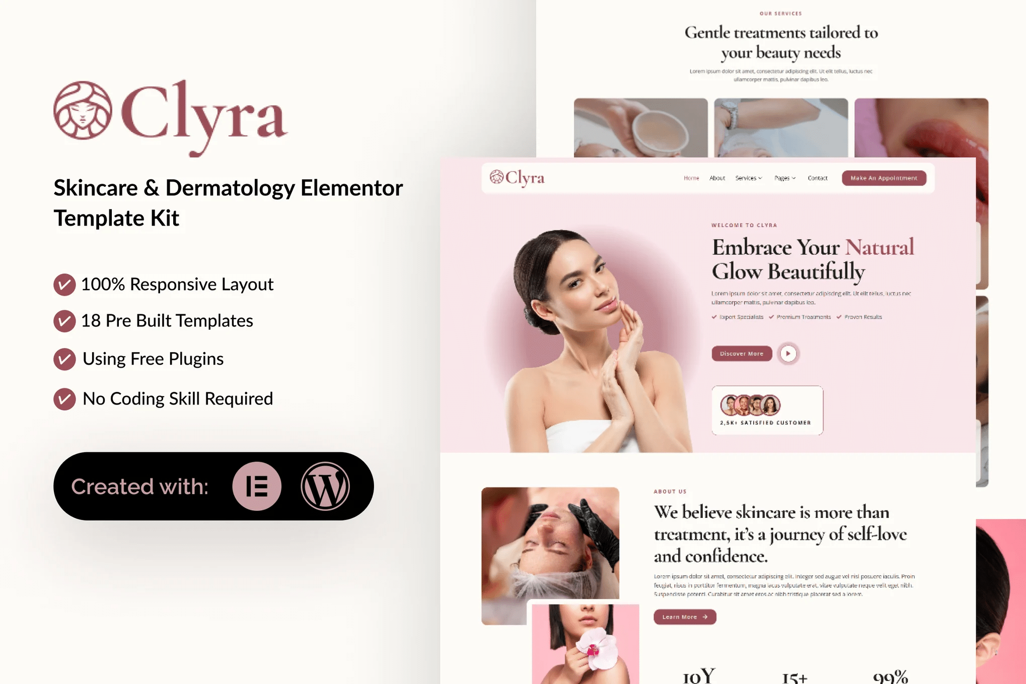 Clyra - Kit de modelos Elementor para cuidados com a pele e dermatologia