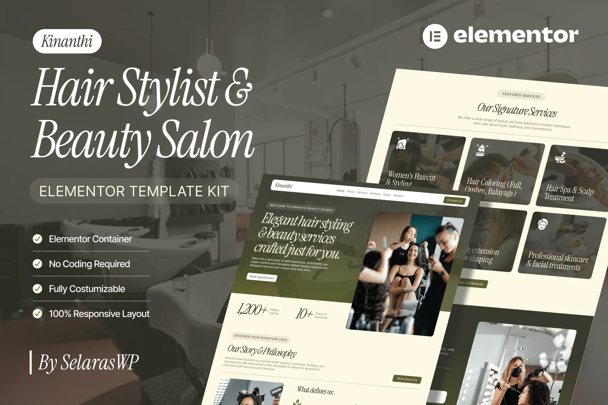 Kinanthi - Kit de modelos Elementor Pro para cabeleireiro e salão de beleza
