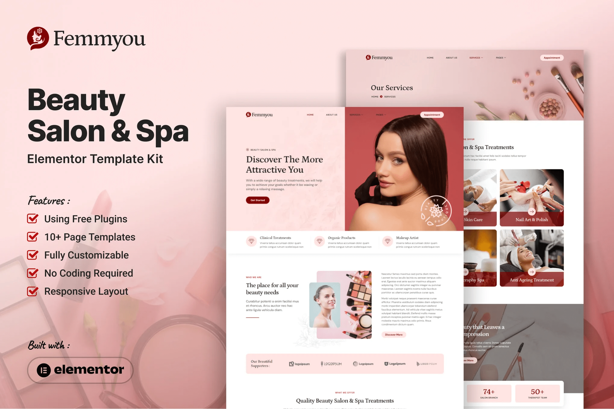 Femmyou - Kit de modelos Elementor para salão de beleza e spa
