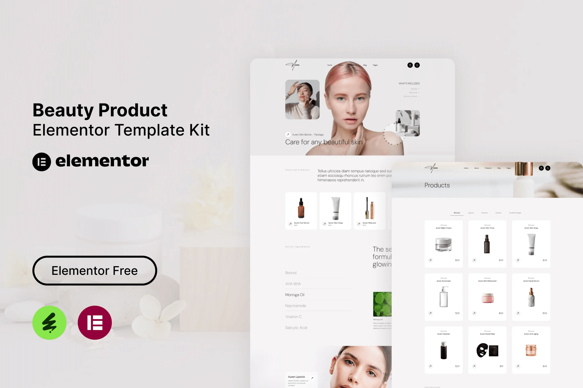 Auren - Kit de modelos Elementor de produtos de beleza