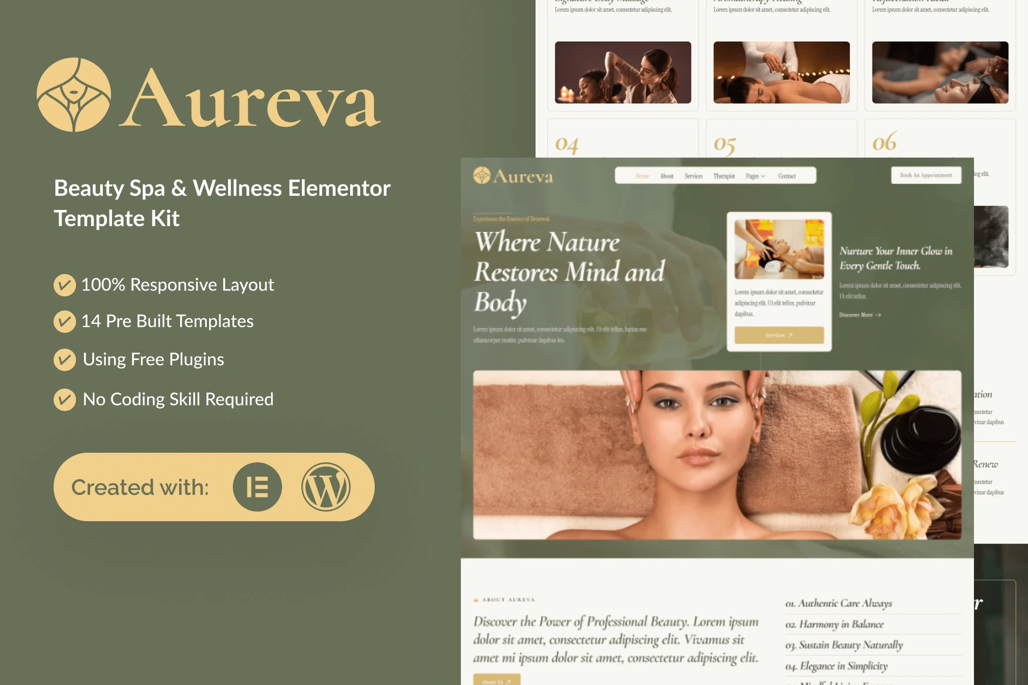 Aureva - Kit de Templates Elementor para Spa e Bem-Estar de Beleza