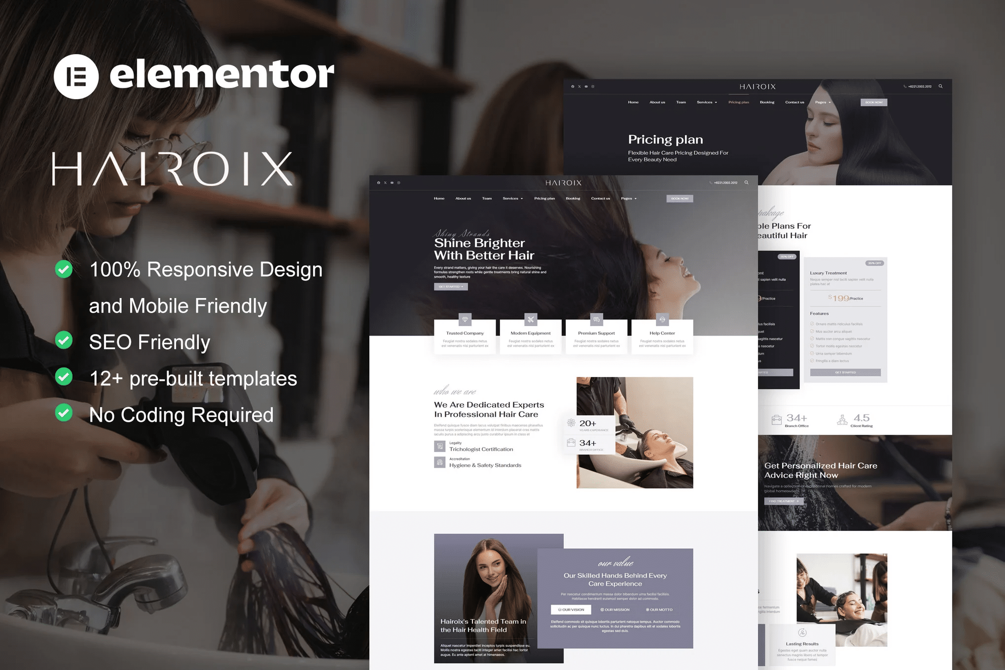 Hairoix - Kit de modelos Elementor Pro para cuidados com o cabelo