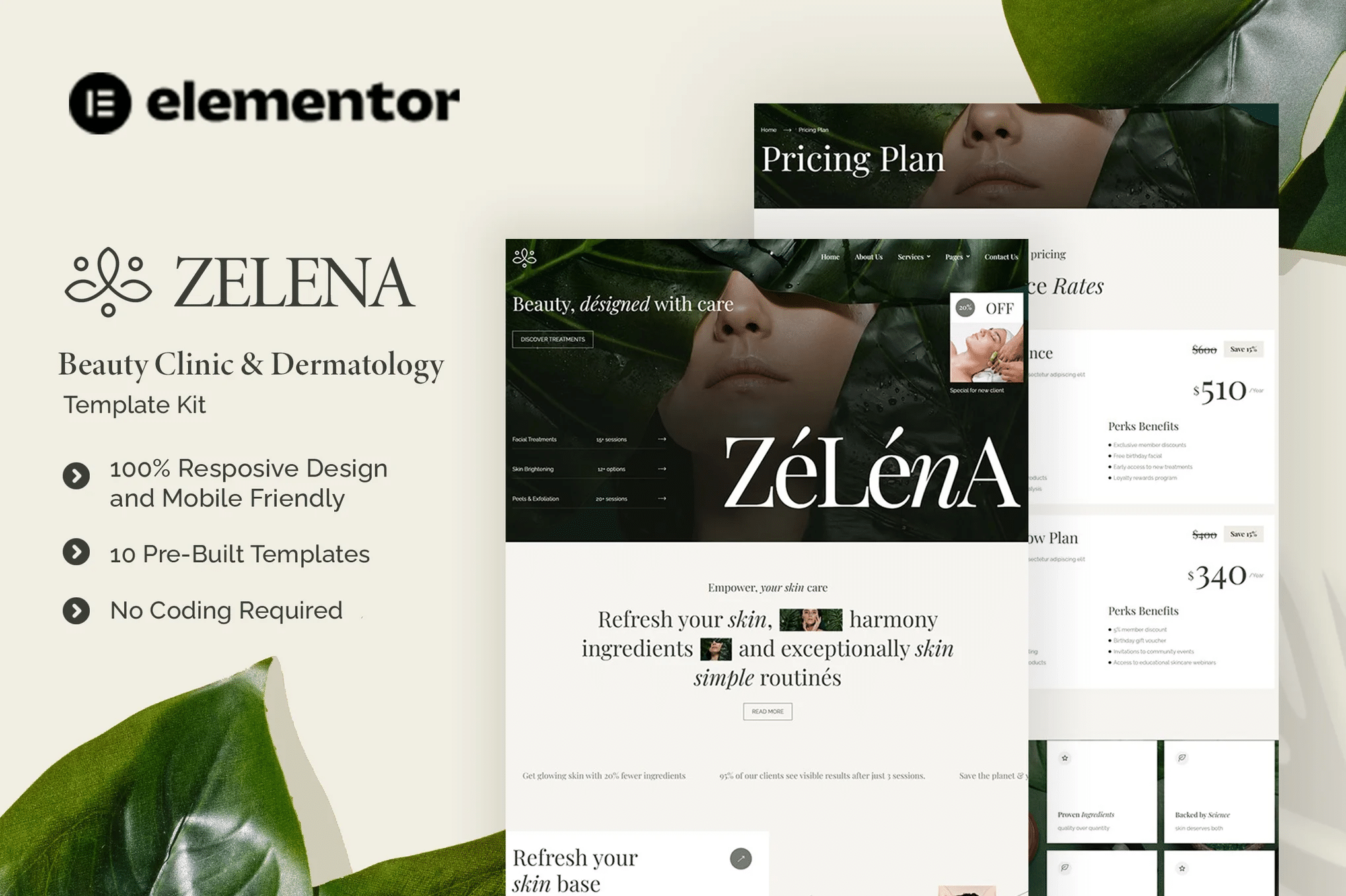 Zelena - Kit de Templates Elementor para Clínica de Beleza e Dermatologia