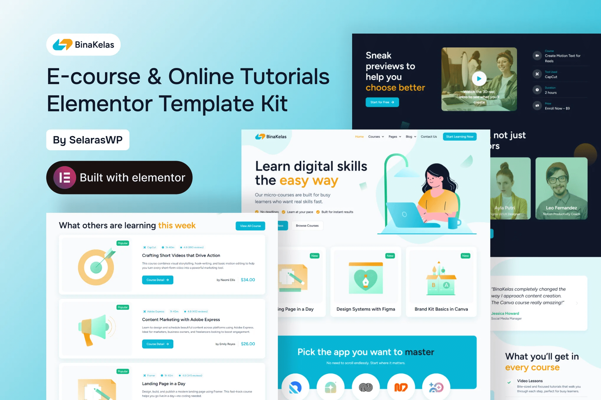 BinaKelas - Kit de modelos Elementor Pro para cursos eletrônicos e tutoriais on-line
