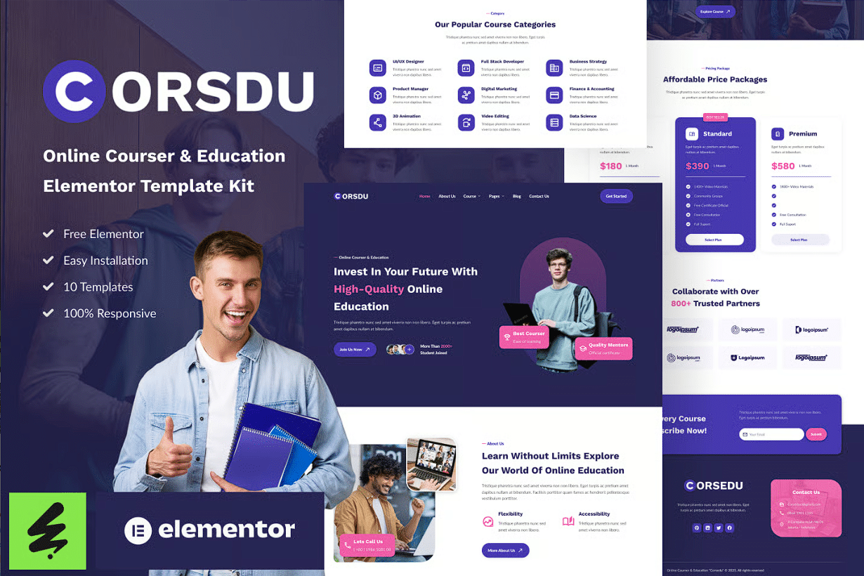 Corsdu - Kit de modelos de cursos on-line e educação Elementor