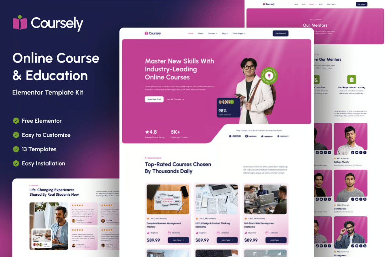 Coursely - Kit de modelos de cursos e educação on-line Elementor