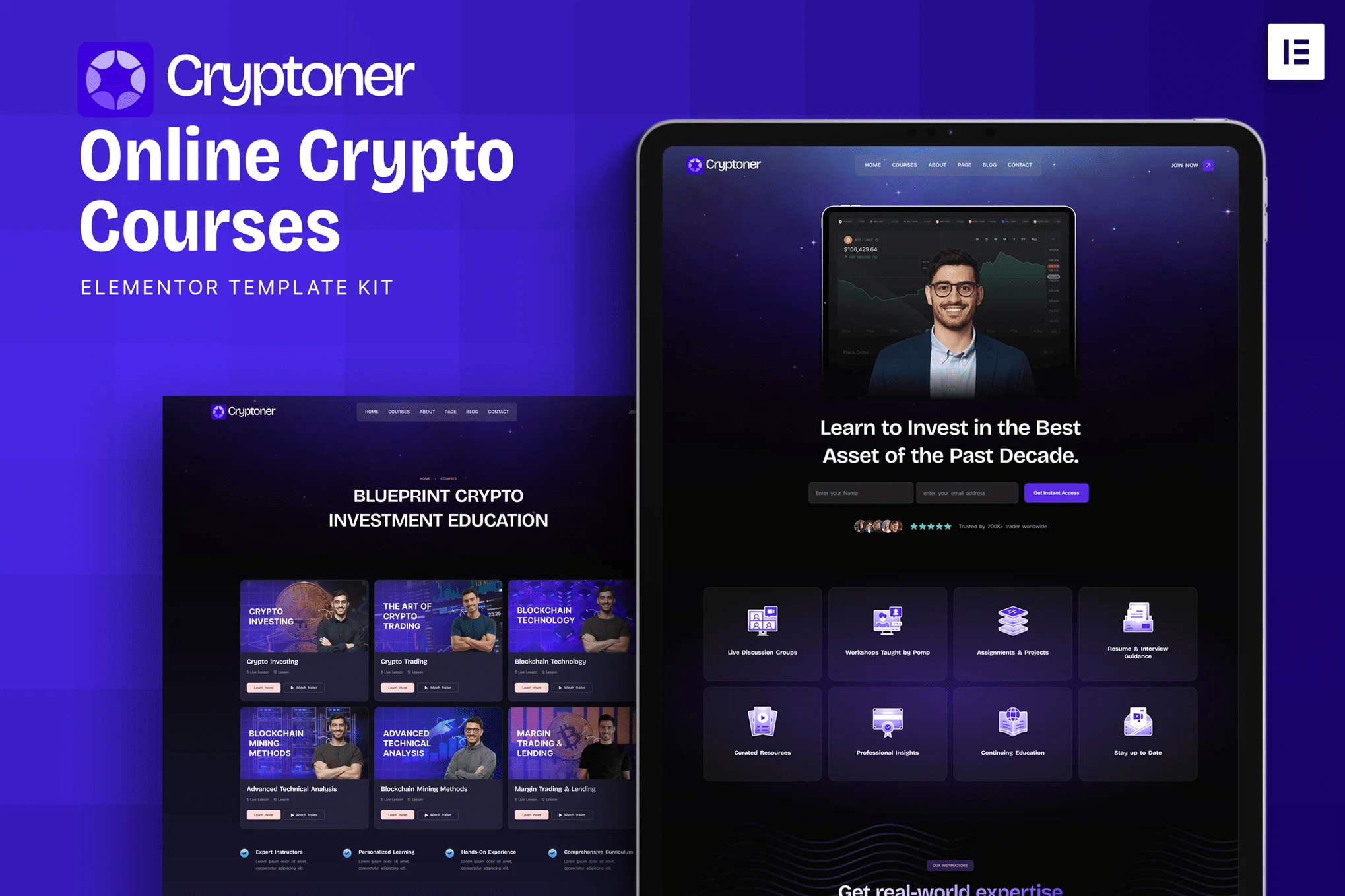 Cryptoner - Kit de modelos Elementor para cursos de criptografia on-line
