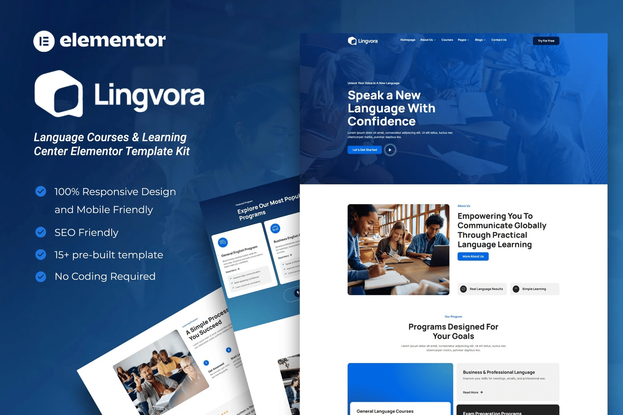 Lingvora - Kit de modelos Elementor para cursos de idiomas e centro de aprendizagem