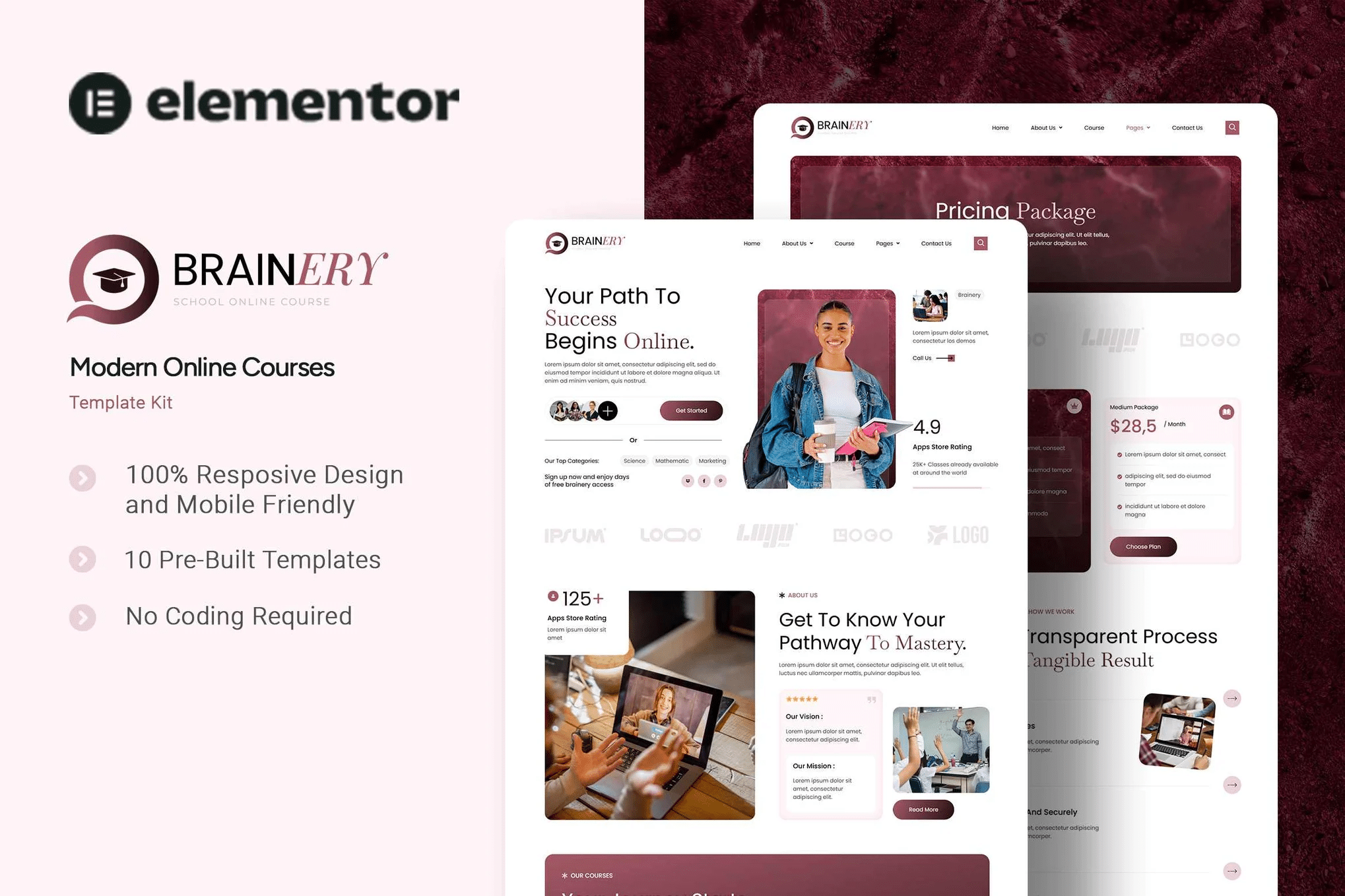 Brainery - Kit de modelos Elementor para cursos on-line escolares