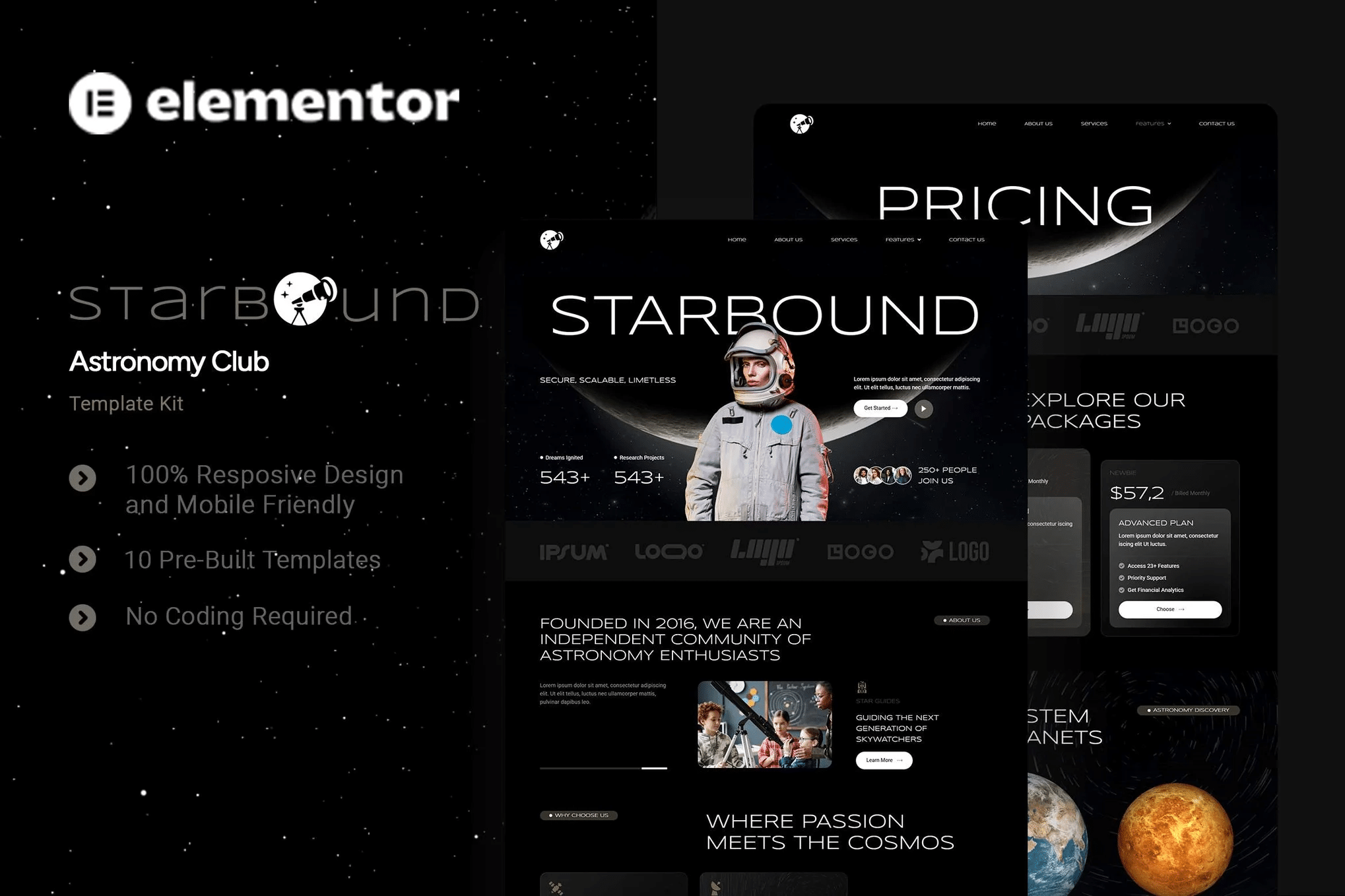 Starbound - Kit de modelos Elementor do Astronomy Club
