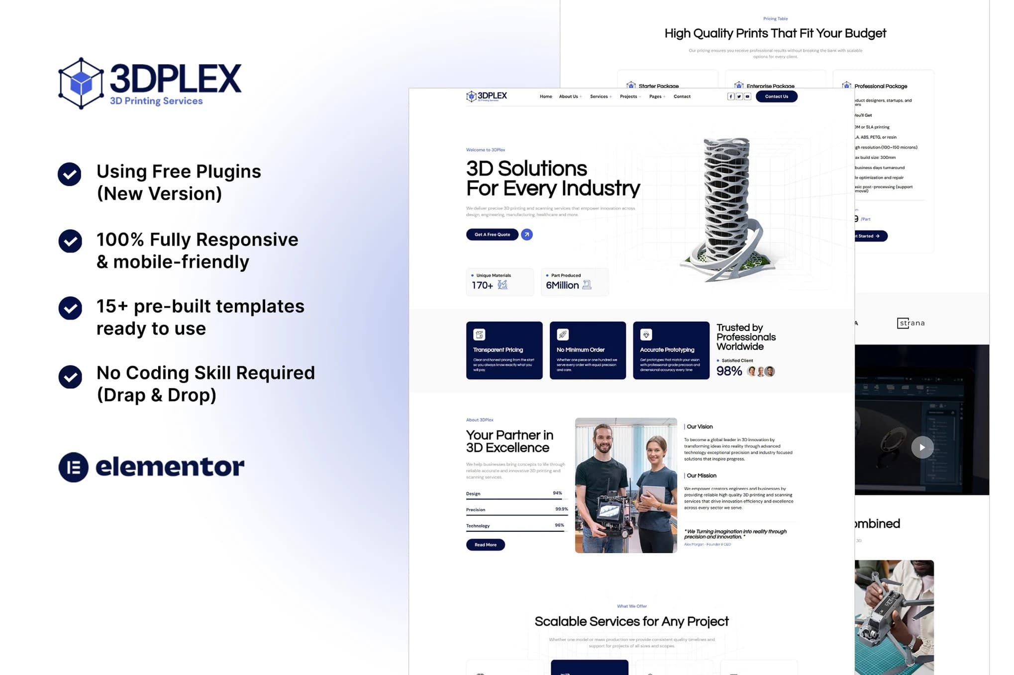 3DPlex - Kit de modelos Elementor para serviços de impressão 3D
