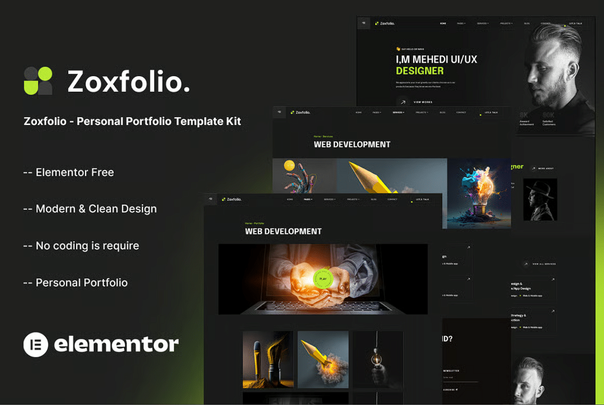 Zoxfolio - Kit de Modelos de Portfólio Pessoal Elementor