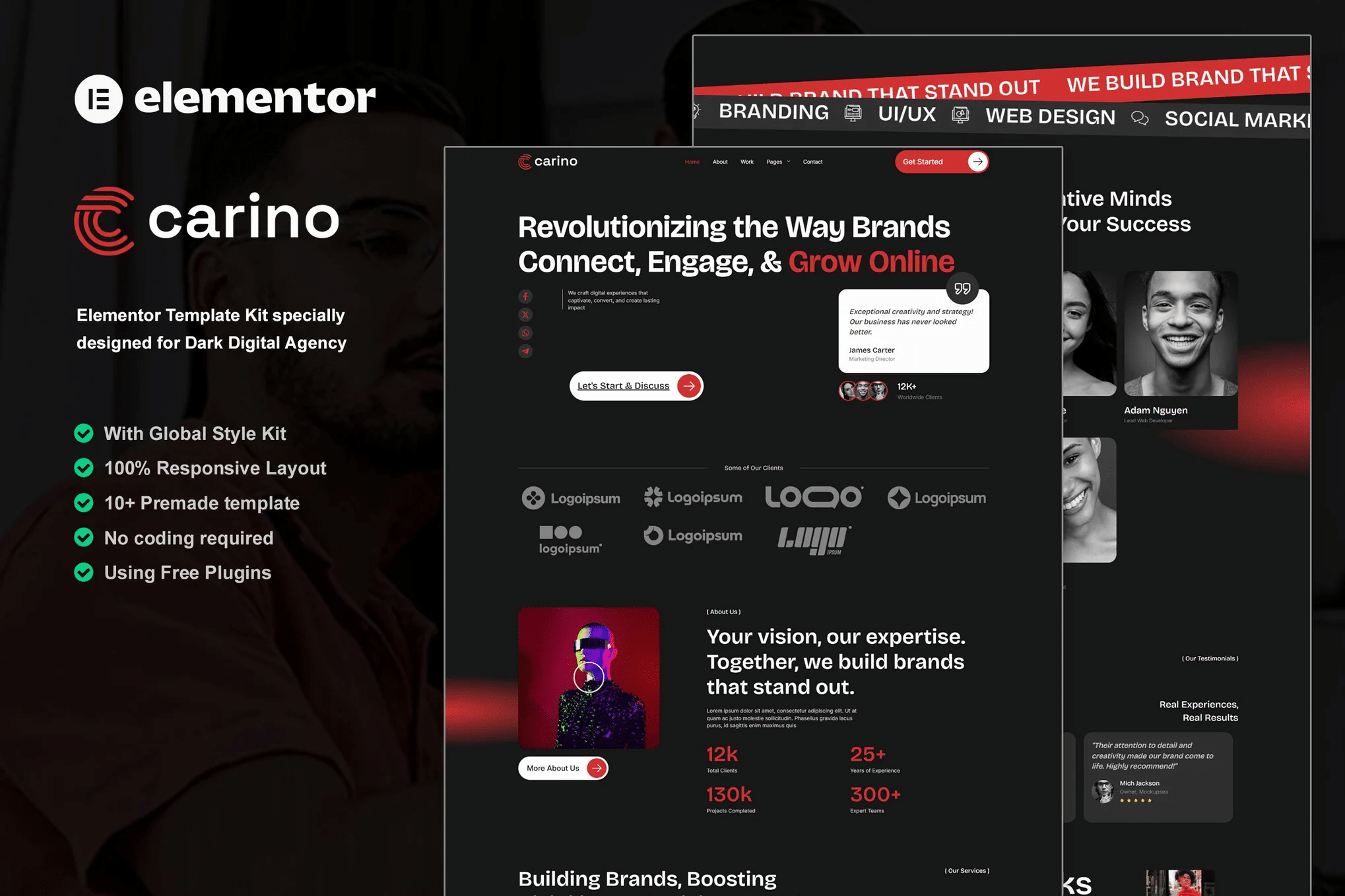 Carino - Kit de Modelos Elementor para Agência Digital Dark