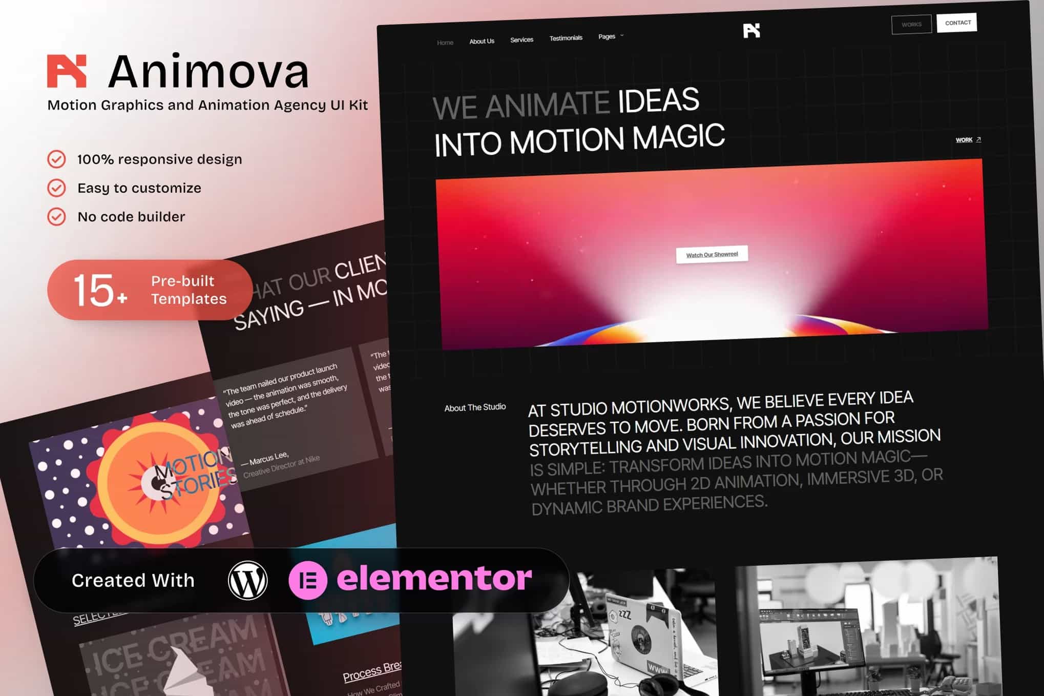 Animova — Kit de Templates Elementor para Agência de Gráficos em Movimento e Animação