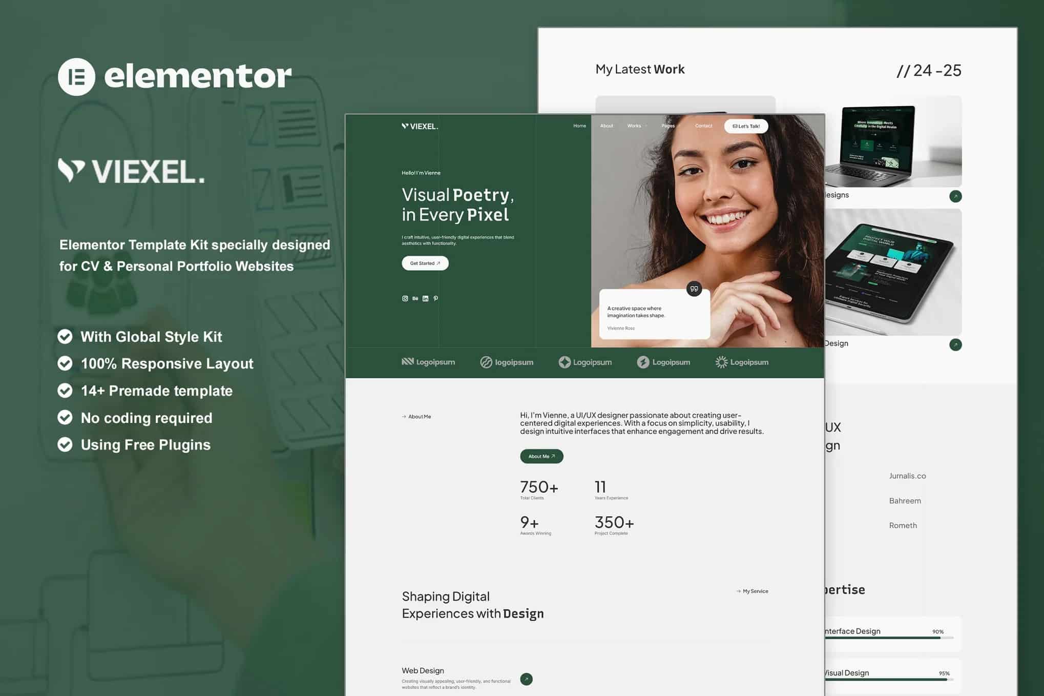 Viexel - Kit de Modelos Elementor de CV e Portfólio Pessoal