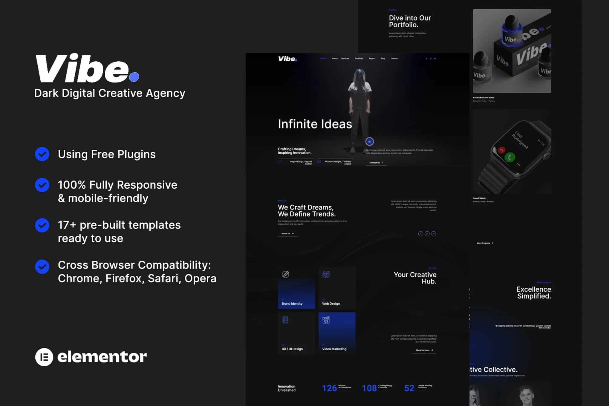 Vibe - Kit de Templates Elementor para Agência Criativa e Portfólio Dark Digital