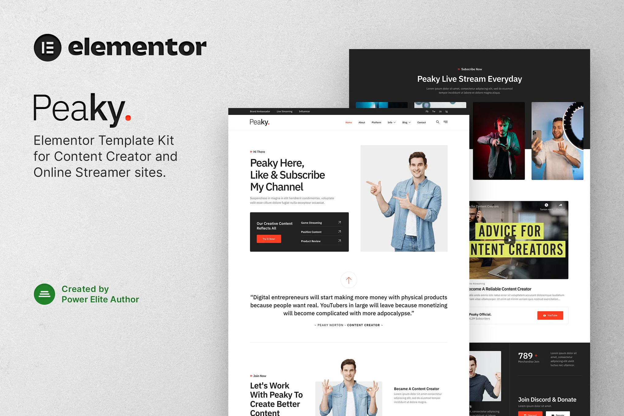 Peaky - Criador de conteúdo e Template Kit Elementor Streamer Online