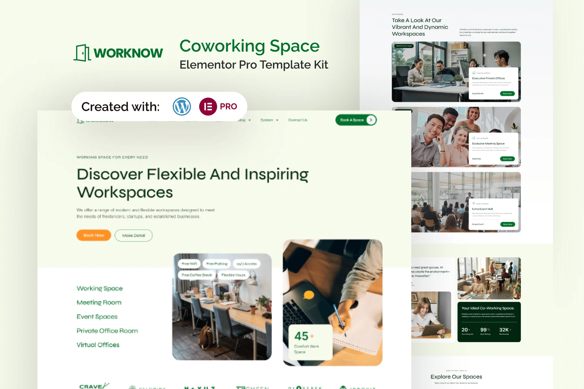 Worknow - Kit de Templates Elementor Pro para espaços de coworking