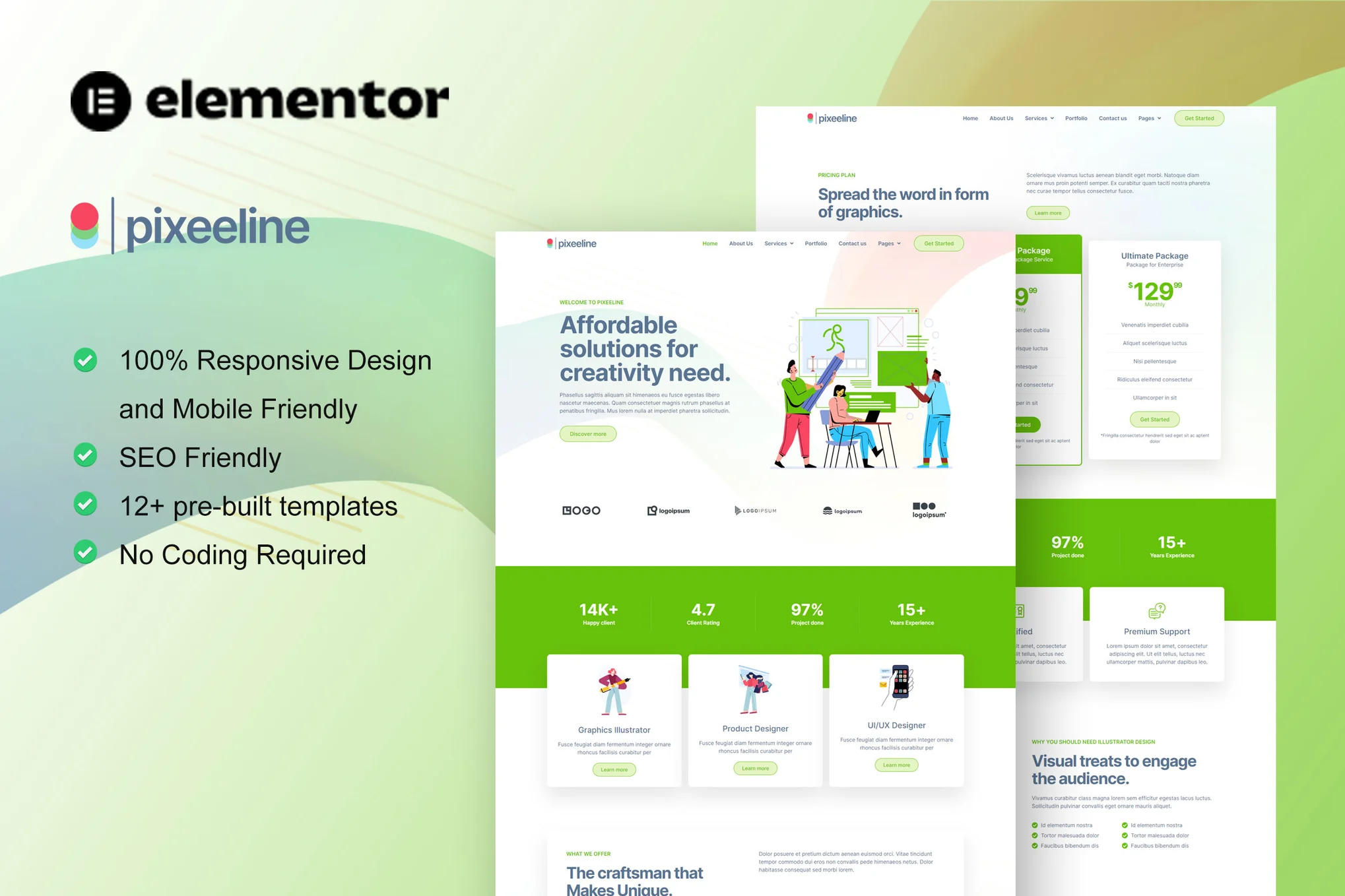 Pixeeline - Template Kit Elementor de agência criativa e freelance de ilustração Gráficos