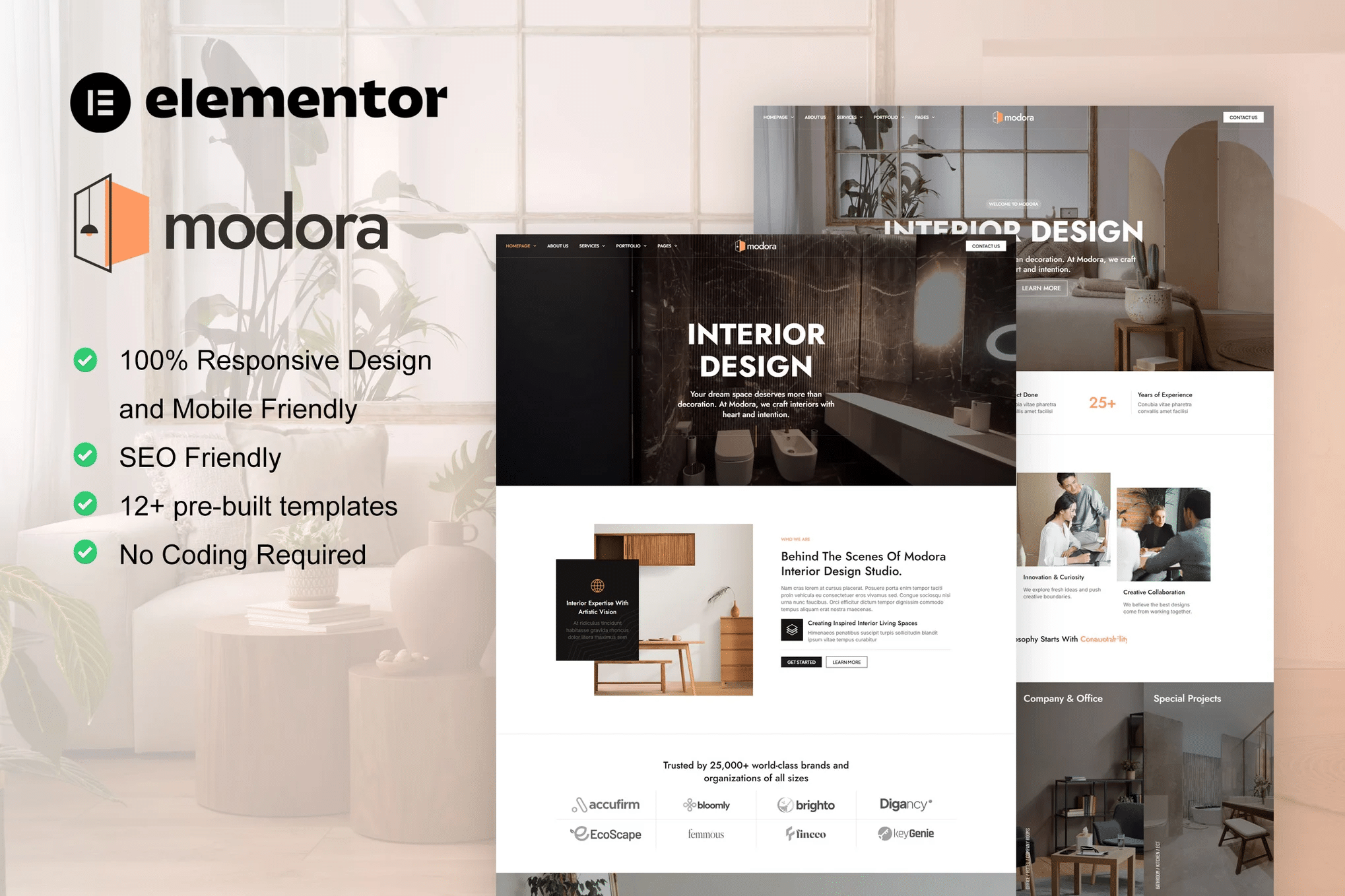 Modora - Kit de modelos Elementor Pro para serviços de design de interiores e arquitetura