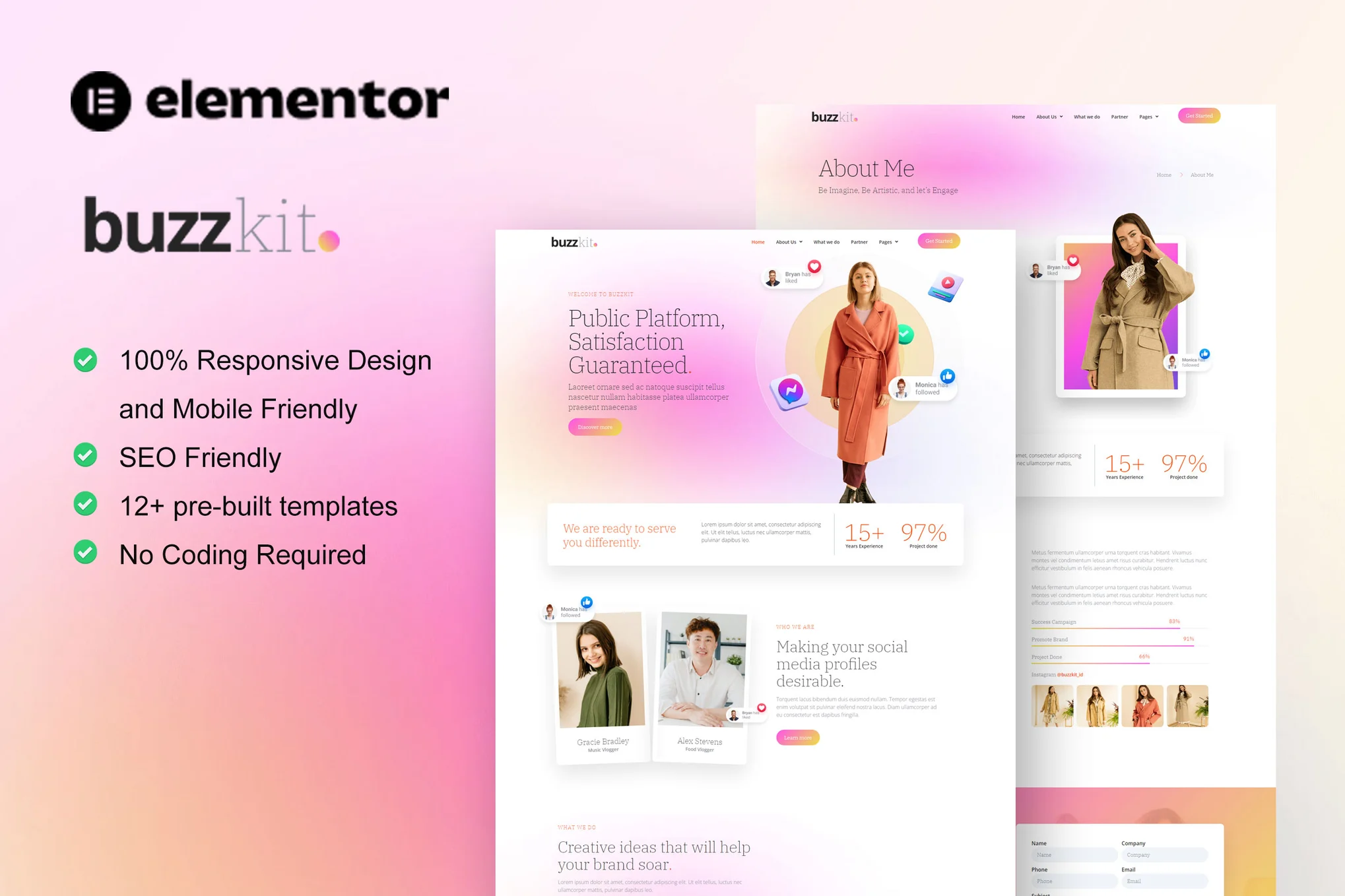 Buzzkit - Kit de Template Kit para influenciadores e Agência criativas Elementor
